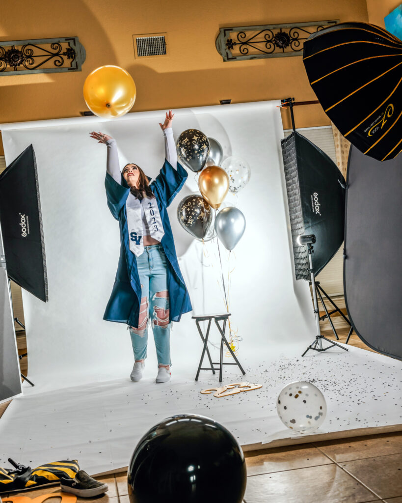 Home Studio behind the scenes senior photos with balloons